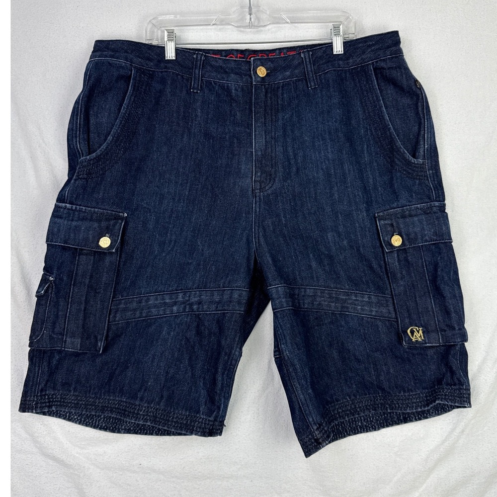 Cavi Product of Great Taste Denim Cargo Shorts Mens Sz 40 Dark Wash Gold Accents